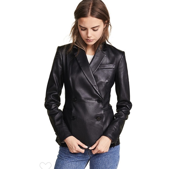 Theory Lamb Leather Blazer in Black. - Picture 2 of 11